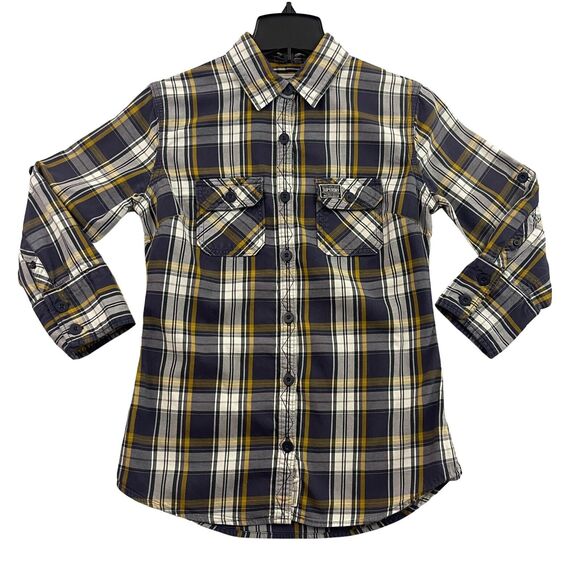Superdry Shirt Womens Medium Plaid Button Up 3/4 Roll Tab Sleeve Pockets Logo - Picture 1 of 16